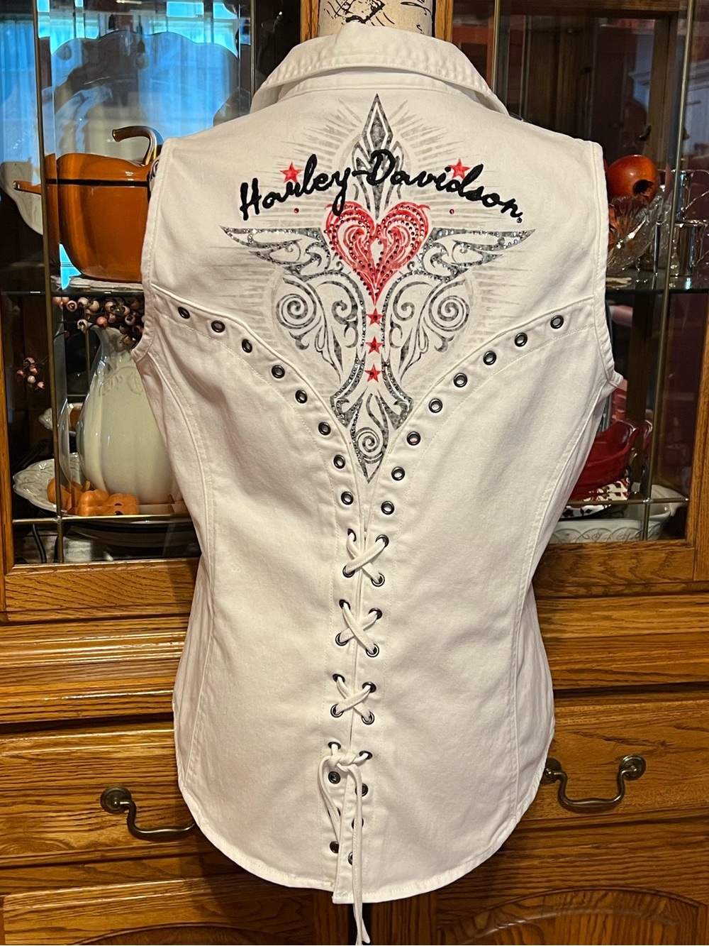Sleeveless Harley-Davidson® White Lace-Up Back, Zip Front- Large 🇺🇸